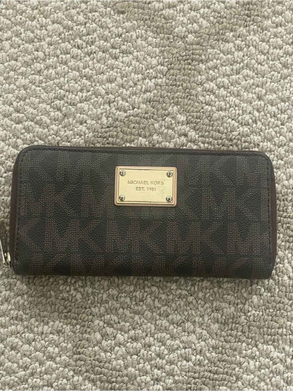 Michael Kors Dark Brown MK Logo Zip Wallet with Gold Plate